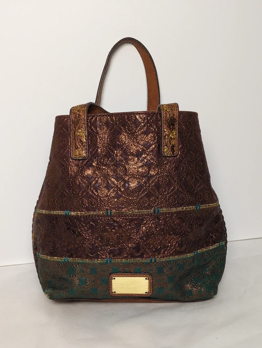 Butterfly by Matthew Williamson Leather Tote Bag Metallic Embossed Boho Tassels